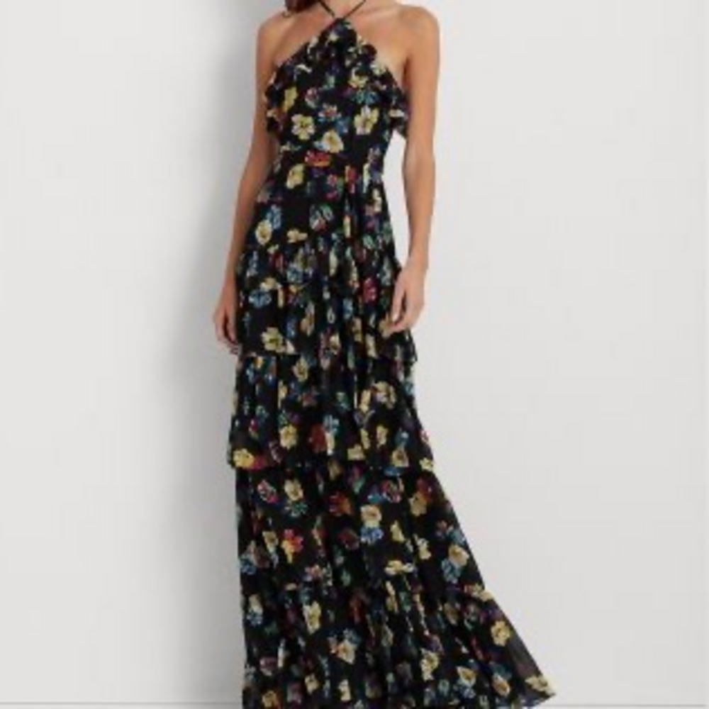 Lauren Ralph Lauren Floral Print Ruffle Halter Gown in Black